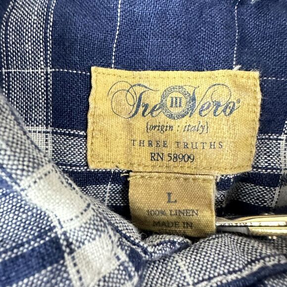 TreVero Shirt Mens Large Blue White Plaid Linen Short Sleeve Button Up Casual - Picture 2 of 10